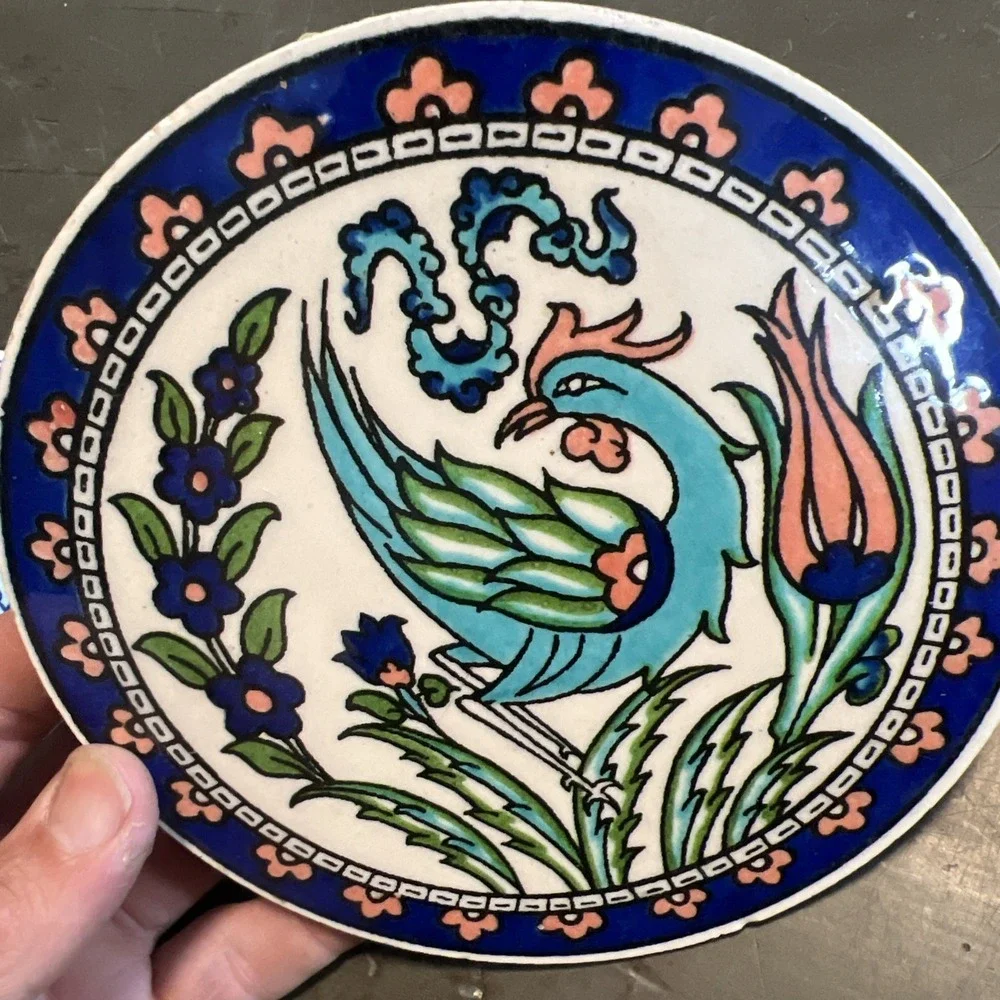Trivet Turkish Handmade Ceramic Hot Plate Blue Peach Flowers Rooster 6-1/4